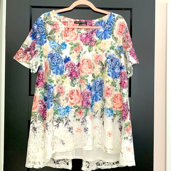 Always Indigo Floral Short Sleeved Blouse w/Floral lining & Floral Lace. Size 1X - Picture 1 of 13